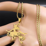 Cat Witch Magic Broom Necklaces Women Stainless Steel Pendant Necklaces