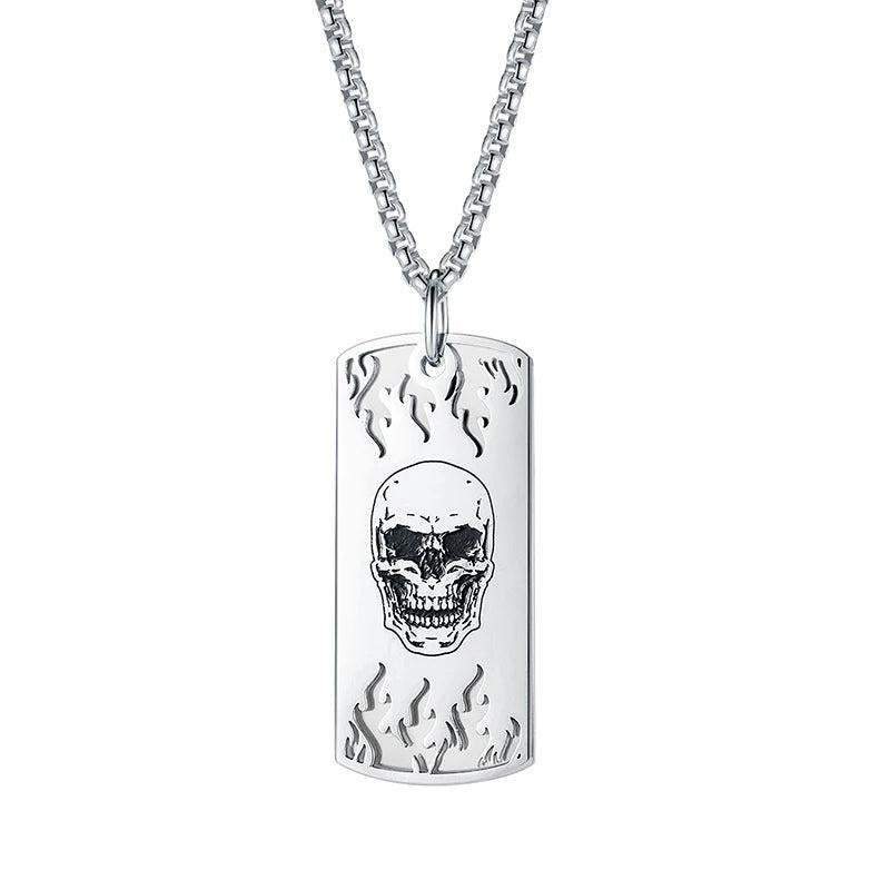 Gothic Halloween Skull Fire Men's Tag Pendant Necklace