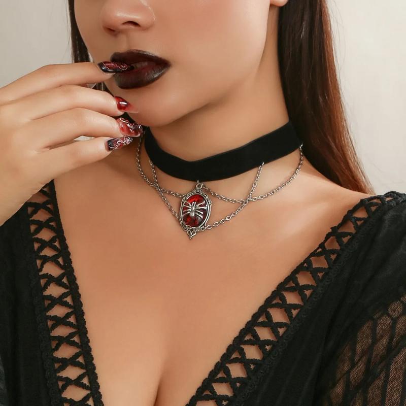 Vintage Red Crystal Halloween Spider Pendant Women Necklaces Gothic