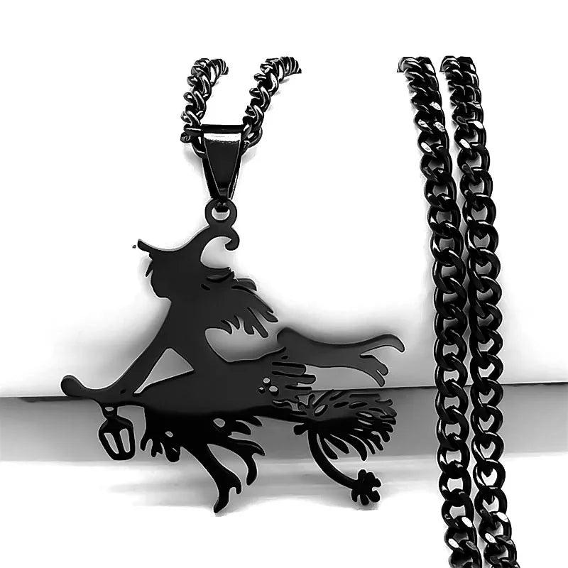 Goth Magic Witch Broom Necklace Stainless Steel Pendant Halloween Jewelry