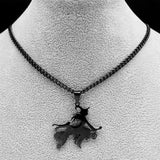 Goth Magic Witch Broom Necklace Stainless Steel Pendant Halloween Jewelry