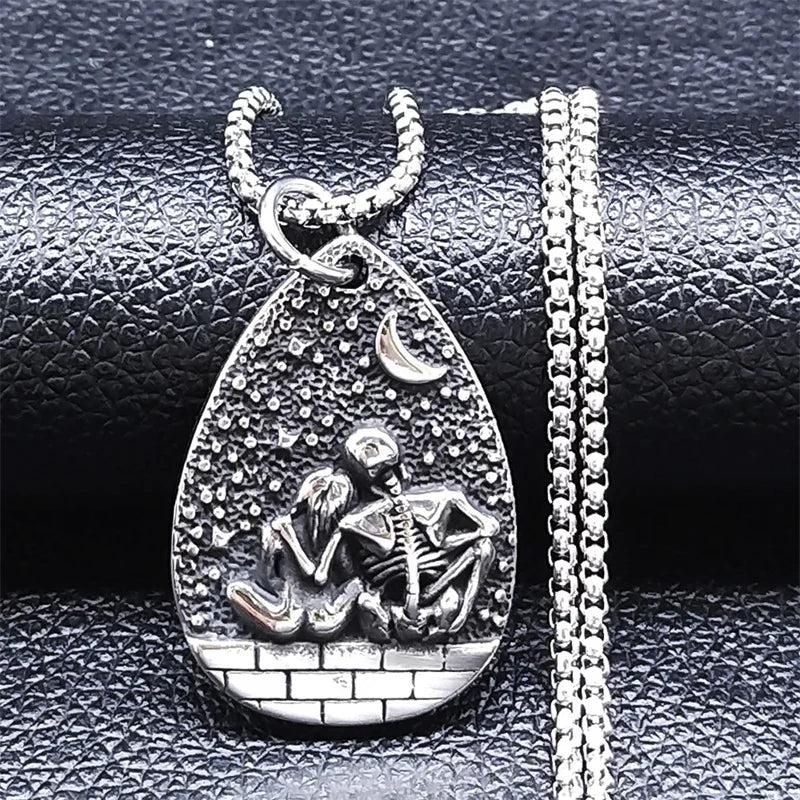 Antique Skull Skeleton Couples Moon Necklace Stainless Steel Pendant Halloween