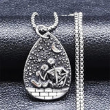 Antique Skull Skeleton Couples Moon Necklace Stainless Steel Pendant Halloween