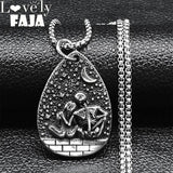 Antique Skull Skeleton Couples Moon Necklace Stainless Steel Pendant Halloween