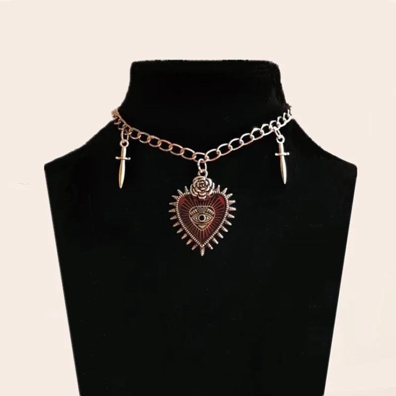 Vintage Gothic Love Heart Evil Eye Pendent Necklace