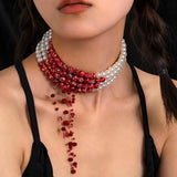 Red Crystal Tassel Choker Necklace Halloween Collar