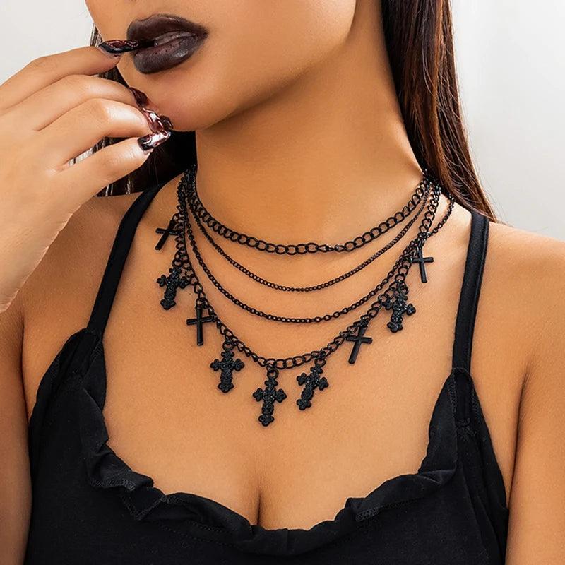 Goth Cross Jesus Tassel Choker Necklace Punk Metal Clavicle Chain