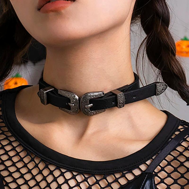 Gothic PU Leather Buckle Choker Necklace for Women