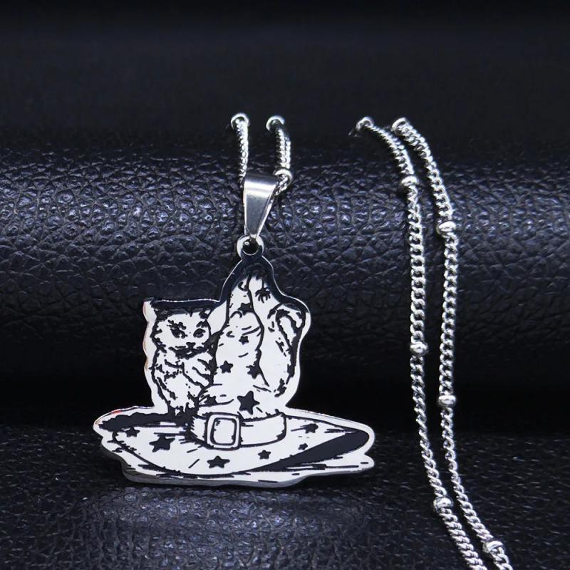 Halloween Magic Hat Cat Silver Stainless Steel Statement Necklace