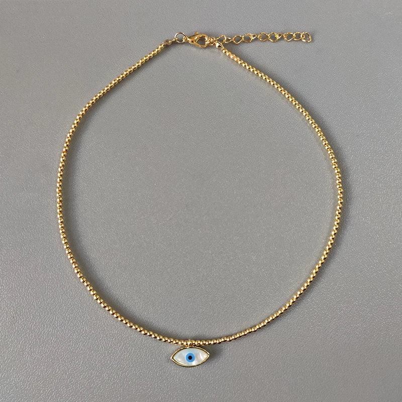 Gold Bead Necklace with Evil Eye Pendant - Vintage Charm Shell Collar