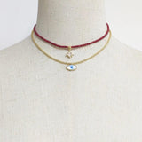 Gold Bead Necklace with Evil Eye Pendant - Vintage Charm Shell Collar