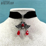 Vintage Gothic Bat Necklace Red Crystal Bead Pendant Women Choker
