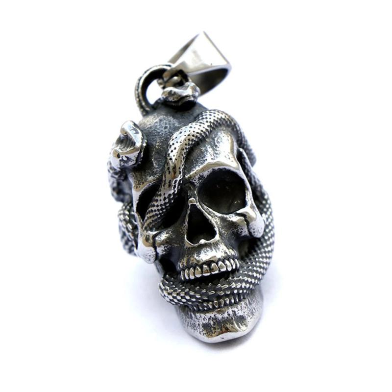 Stainless Steel Skull & Snake Necklace Halloween Personality Skull Pendant