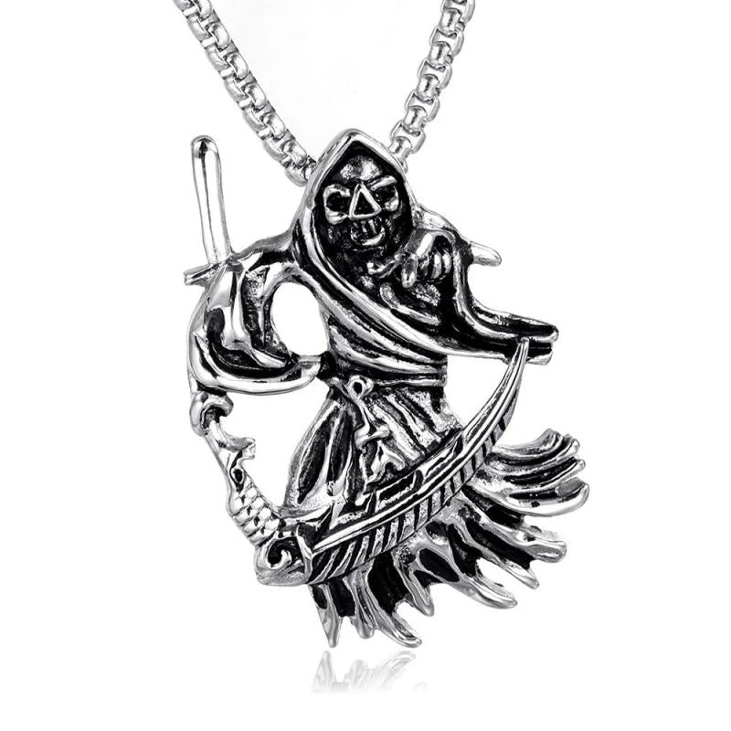 Stainless Steel Gothic Death God Skull Grim Reaper Pendant Necklace