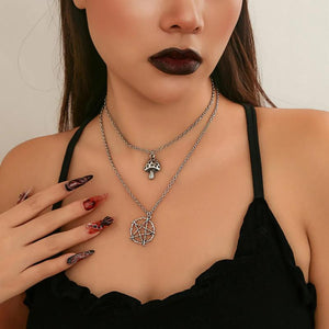 Vintage Punk Cuban Chain Mushroom Pendant Necklace Hollow Star Women Choker