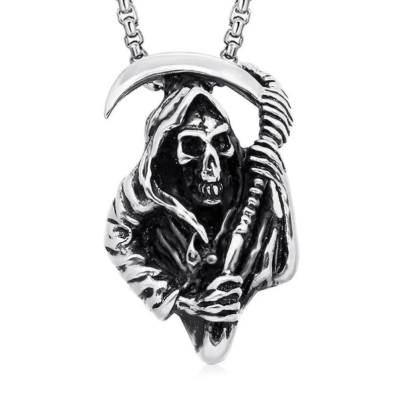Stainless Steel Gothic Death God Skull Grim Reaper Pendant Necklace