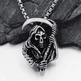 Stainless Steel Gothic Death God Skull Grim Reaper Pendant Necklace