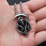Stainless Steel Gothic Death God Skull Grim Reaper Pendant Necklace