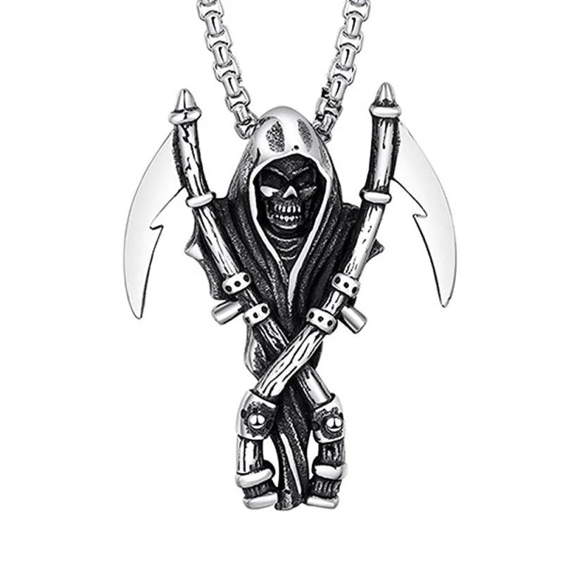 Stainless Steel Grim Reaper Pendant Skull Necklace Men Punk Gothic Jewelry