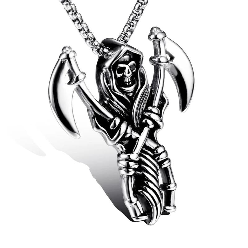 Stainless Steel Skull Grim Reaper Pendant Necklace Men Punk Gothic Halloween Cos