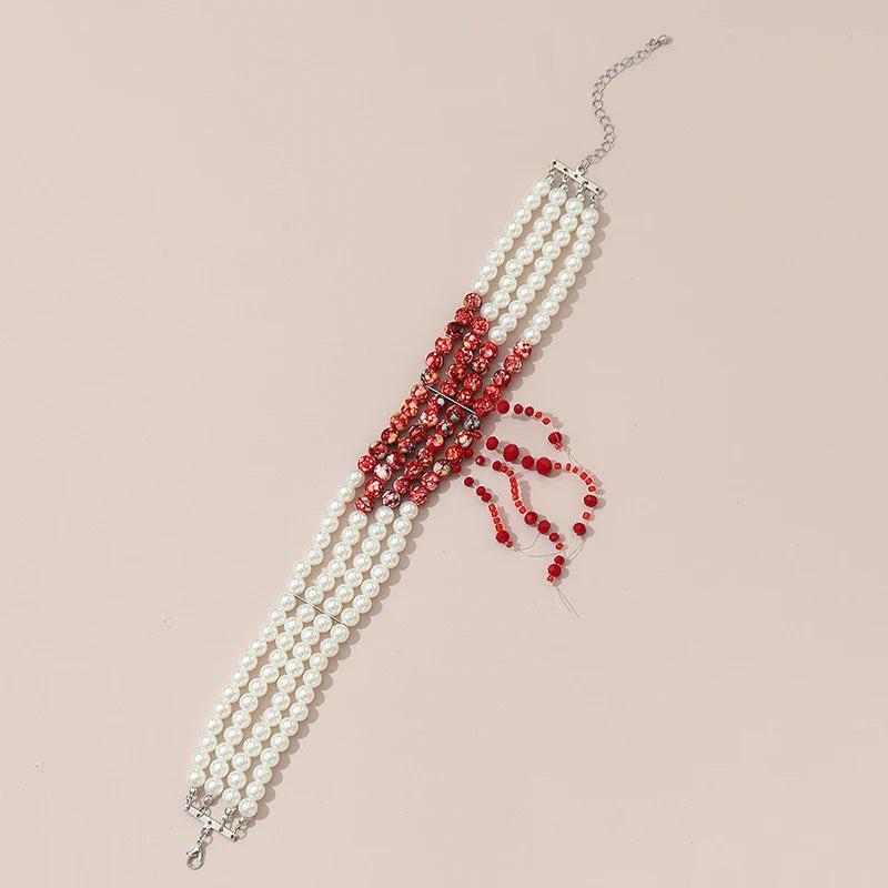 Gothic Halloween Blood Pearl Necklace Multi-layer Beaded Short