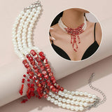 Gothic Halloween Blood Pearl Necklace Multi-layer Beaded Short