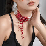 Gothic Halloween Blood Pearl Necklace Multi-layer Beaded Short