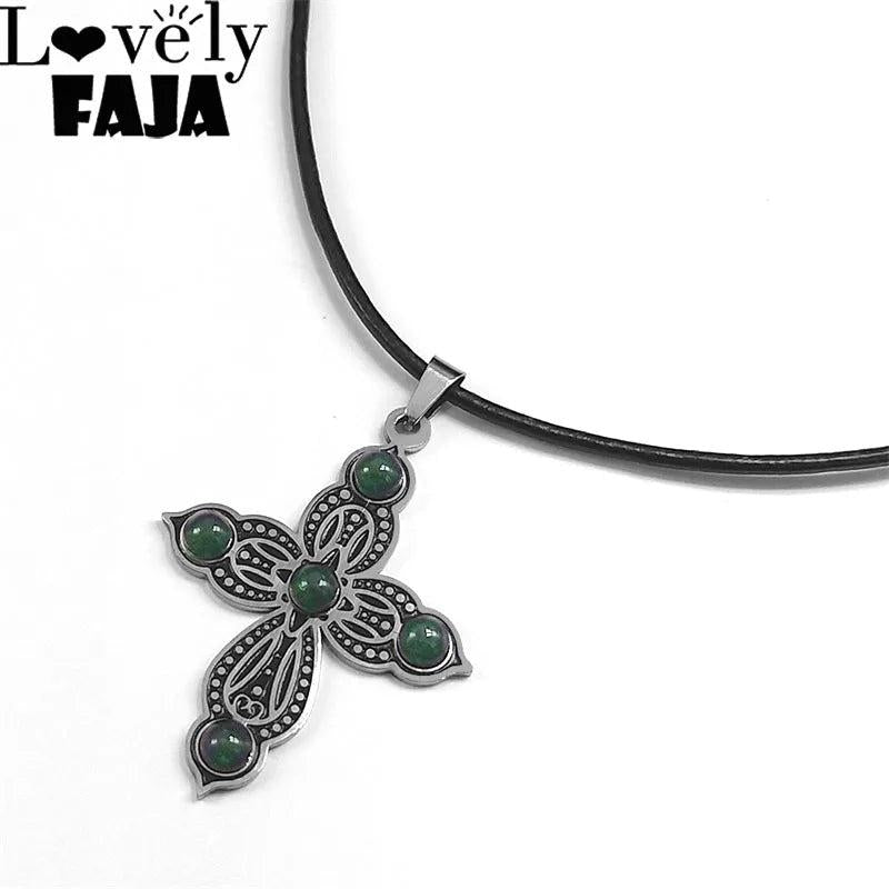 Gothic Vintage Cross Necklace Green Glass Leather Choker