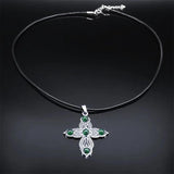 Gothic Vintage Cross Necklace Green Glass Leather Choker