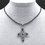 Gothic Vintage Cross Necklace Green Glass Leather Choker