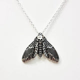 Gothic Silver Moth Skull Pendant Necklace