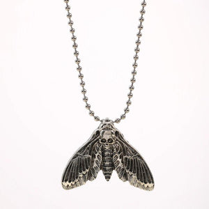 Gothic Silver Moth Skull Necklace