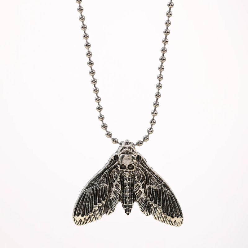 Gothic Silver Moth Skull Necklace