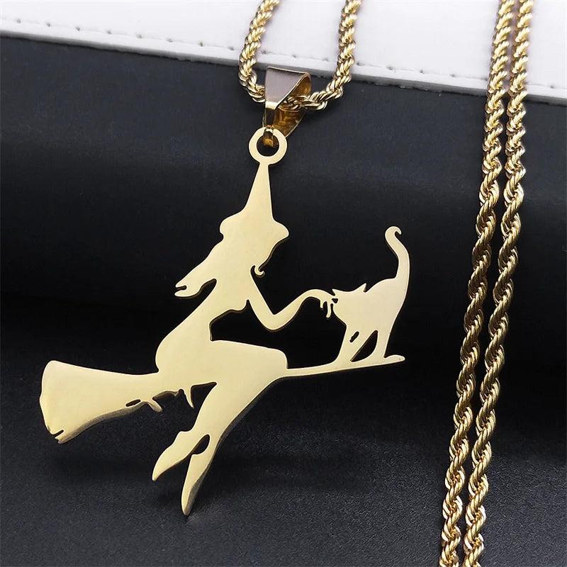 Stainless Steel Witch Broom Cat Magic Witchcraft Necklace for Women Men