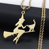 Stainless Steel Witch Broom Cat Magic Witchcraft Necklace for Women Men