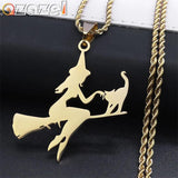 Stainless Steel Witch Broom Cat Magic Witchcraft Necklace for Women Men