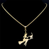 Stainless Steel Witch Broom Cat Magic Witchcraft Necklace for Women Men