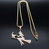 Stainless Steel Witch Broom Cat Magic Witchcraft Necklace for Women Men