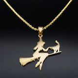 Stainless Steel Witch Broom Cat Magic Witchcraft Necklace for Women Men