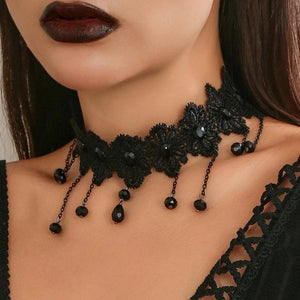 Gothic Lace Flower Choker Necklace Halloween Accessories Tassels Necklaces