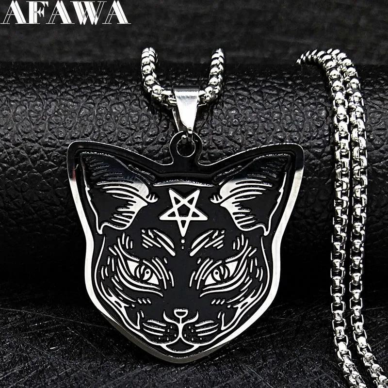 Witchcraft Pentagram Cat Stainless Steel Necklace Chain