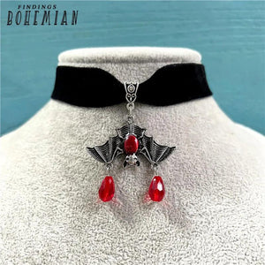 Vintage Bat Necklace Red Crystal Bead Pendant Gothic Punk Choker
