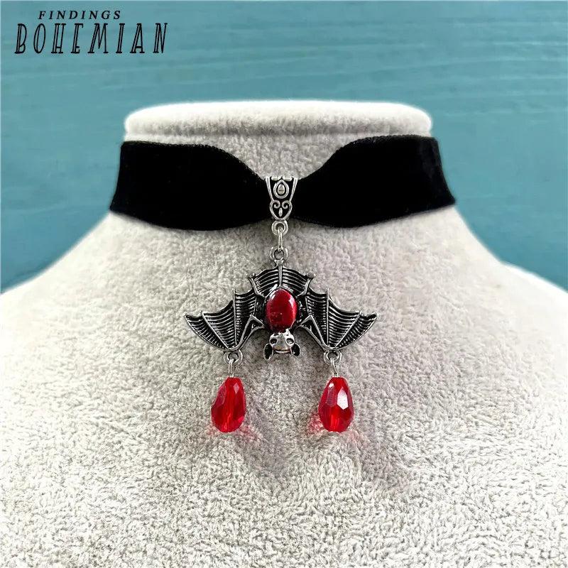Vintage Bat Necklace Red Crystal Bead Pendant Gothic Punk Choker
