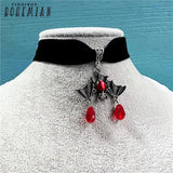 Vintage Bat Necklace Red Crystal Bead Pendant Gothic Punk Choker