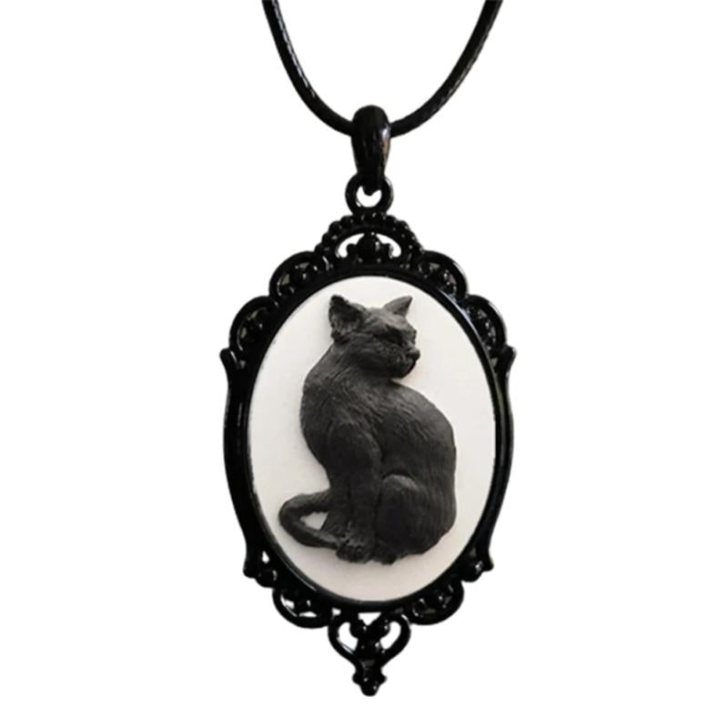 Gothic Cat Necklace Silver Plated Frame Halloween Pendant