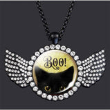 Halloween Cat Crystal Wings Pendant Necklace Glass Rhinestone Pendant