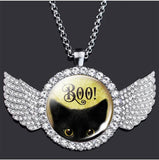 Halloween Cat Crystal Wings Pendant Necklace Glass Rhinestone Pendant