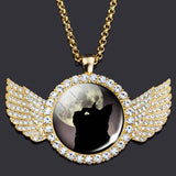 Halloween Cat Crystal Wings Pendant Necklace Glass Rhinestone Pendant