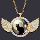 Halloween Cat Crystal Wings Pendant Necklace Glass Rhinestone Pendant