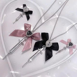 Rhinestone Love Heart Bowknot Syringe Pendant Necklace